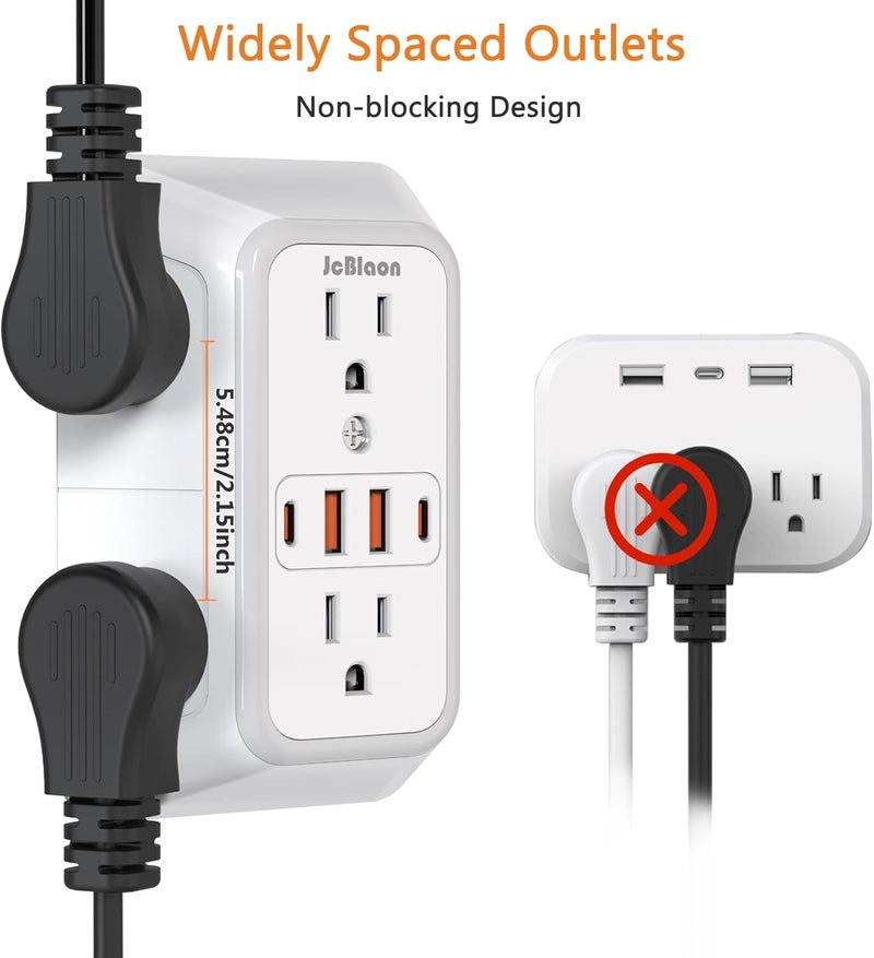 JcBlaon USB Wall Charger Power Strip Surge Protector with 4 USB Ports (2 USB C) Plug Extension Multiple Outlets Plug Extension Multi Outlet Plug in Adapter Spaced Outlets for Home Office Travel,White (White) - Image 5