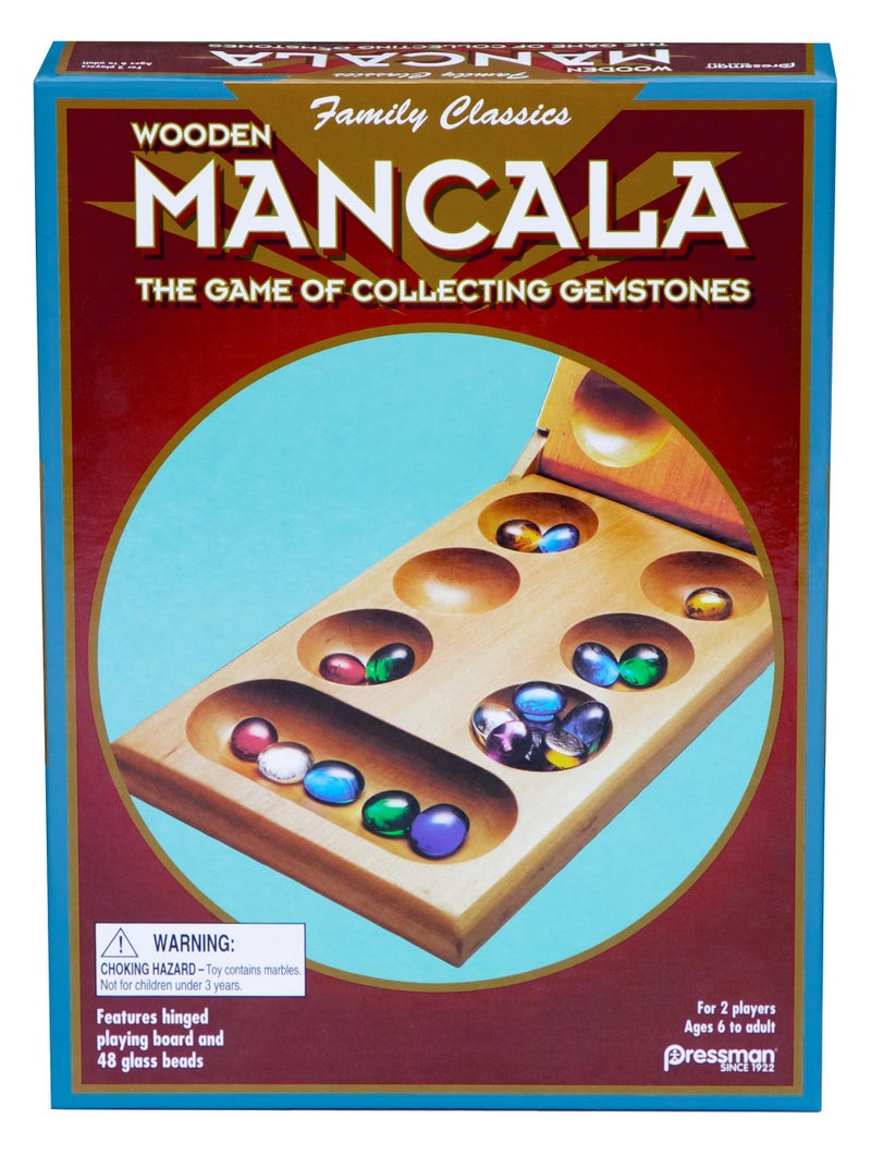 Pressman Mancala Board Game | Fun Classic Table for Adults & Kids | Includes 48 Glass Mancala Stones and Wood Hinged Playing Board | 2 Players, Ages 6+ - Image 1