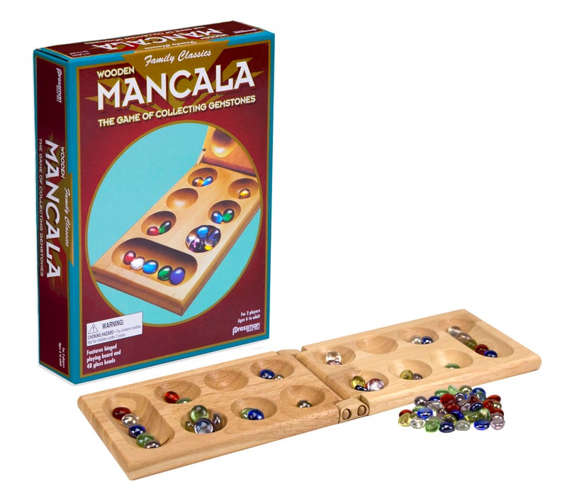 Pressman Mancala Board Game | Fun Classic Table for Adults & Kids | Includes 48 Glass Mancala Stones and Wood Hinged Playing Board | 2 Players, Ages 6+ - Image 2