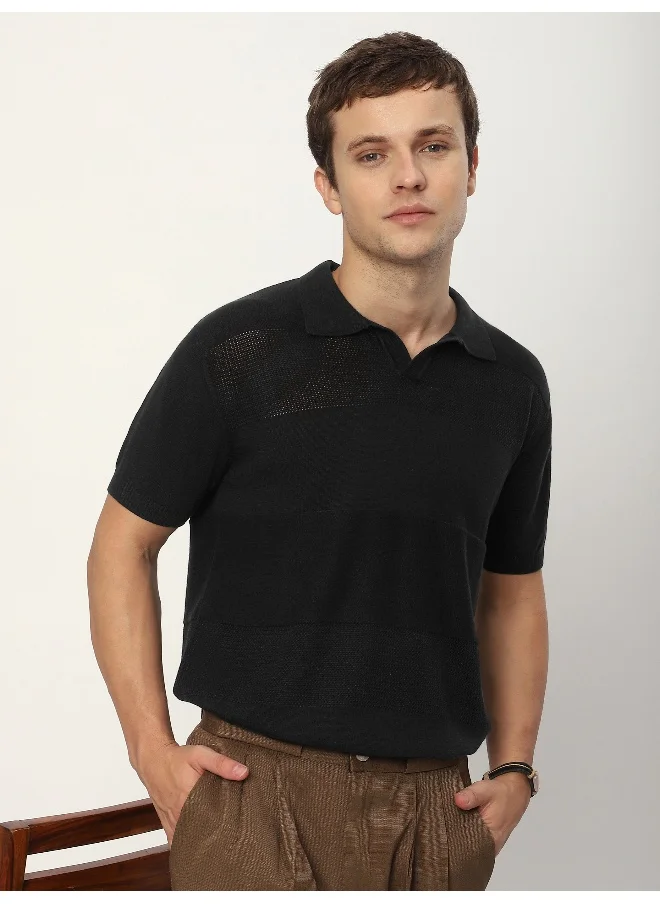 بيونغ Black Striped Flat Knit Polo T-Shirt for Men