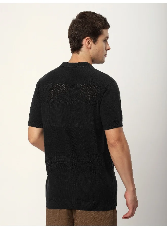 بيونغ Black Striped Flat Knit Polo T-Shirt for Men