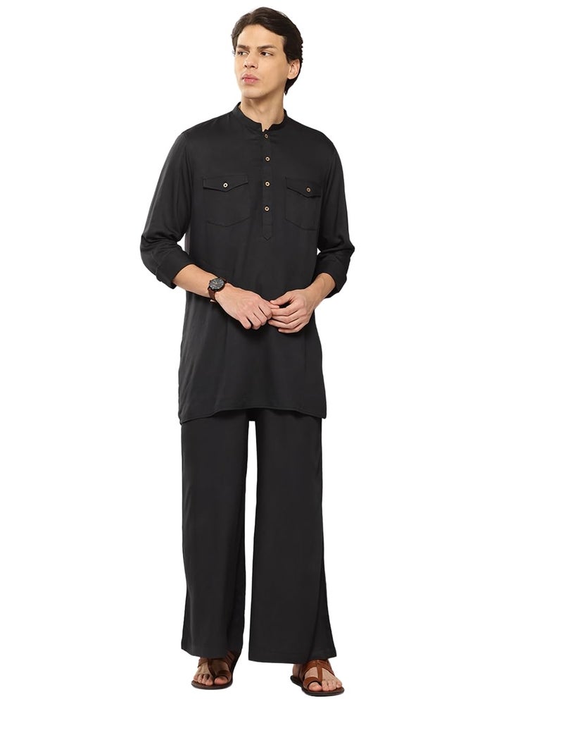 See Designs Men's Long Sleeve Curved Hem Mandarin Collar Black Rayon Solid Pathani Sets - SDKT651M - Image 1
