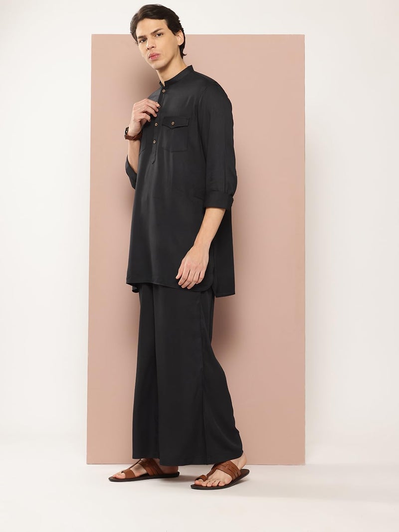 See Designs Men's Long Sleeve Curved Hem Mandarin Collar Black Rayon Solid Pathani Sets - SDKT651M - Image 2