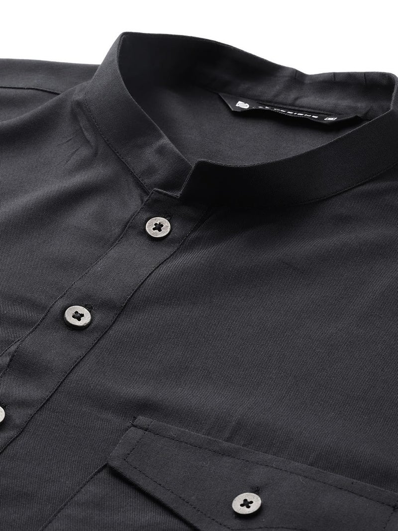 See Designs Men's Long Sleeve Curved Hem Mandarin Collar Black Rayon Solid Pathani Sets - SDKT651M - Image 4