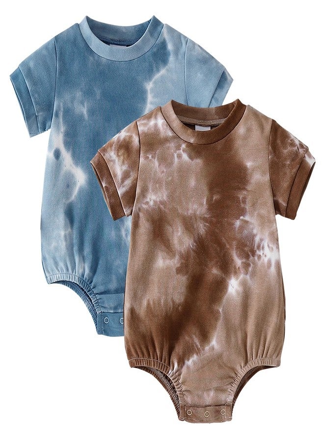 ROMPERINBOX Baby Boy Bodysuits 2 Pack Tie Dye Short Sleeve Onsies Infant Bubble Romper (Light Brown/Blue, 6-9 Months) - Image 1