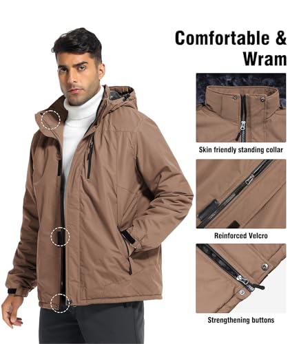 Zoofly Winter Jackets for Men Fleece Lined Wear Resistant Skiing Coats Mens Zipper Pocket Hiking Jacket Thermal Brown L - Image 3