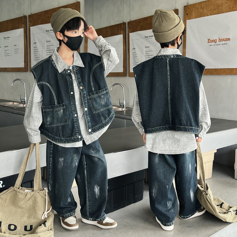 Boys Autumn New Denim Vest Jacket Loose Sleeveless Vest Three-Piece Set 2024 Children'S Casual Suit Trendy - Image 2