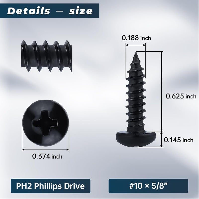 Glvaner #10 x 5/8 inch Phillips Pan Head Self Tapping Screws for Wood, Black Coated, 304 Stainless Steel 18-8, Round Head Sheet Metal Tek Screws, 50 pcs - Image 3