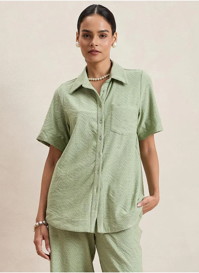 فيميلا Knitted Schiffli Button Down Longline Shirt by Styli