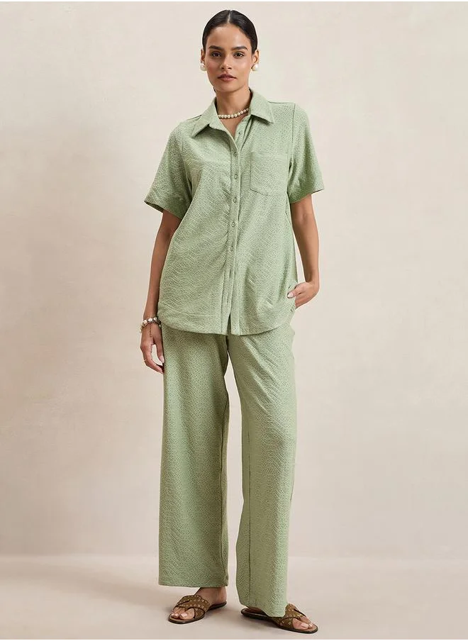 فيميلا Knitted Schiffli Button Down Longline Shirt by Styli