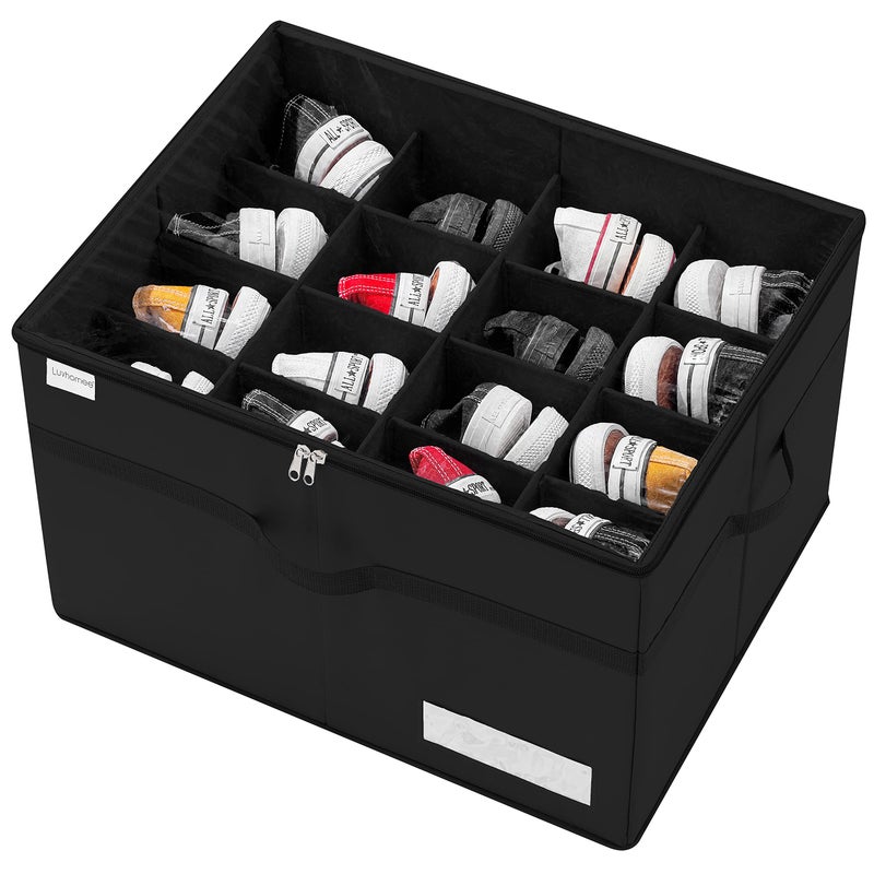 Luvhomee Shoe Storage Organizer Fits 16 Pairs Large Shoe Organizer Box for Closet Clear Foldable Shoes Containers wBottom Support Space Saving Shoe Cubby Storage Boxes wReinforced Handles Black