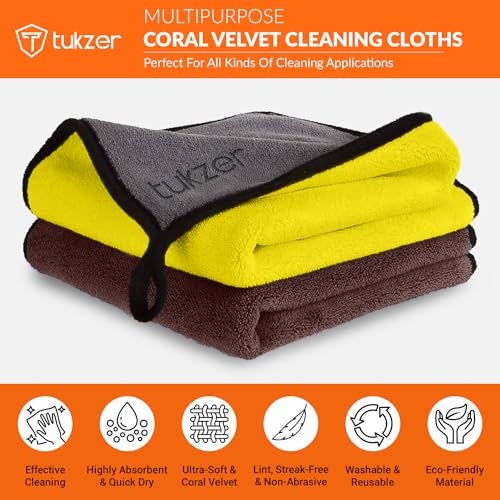 Tukzer Multi-Purpose Coral Velvet Microfiber Cloths for Car Bike| Ultra-Soft Super Absorbent Lint-Free for Exterior Interior Dashboard Cleaning Washing Polishing(500 GSM Brown-Yellow| 2Pcs 35 X 75 cm) - Image 2
