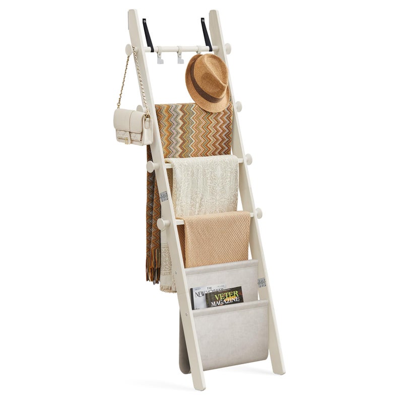 VASAGLE Blanket Ladder for Living Room 5Tier Wooden Ladder Shelf Decorative Farmhouse Blanket Rack with Synthetic Leather Bag Metal Hooks Side Hooks for Bedroom Cream White ULLS022W01