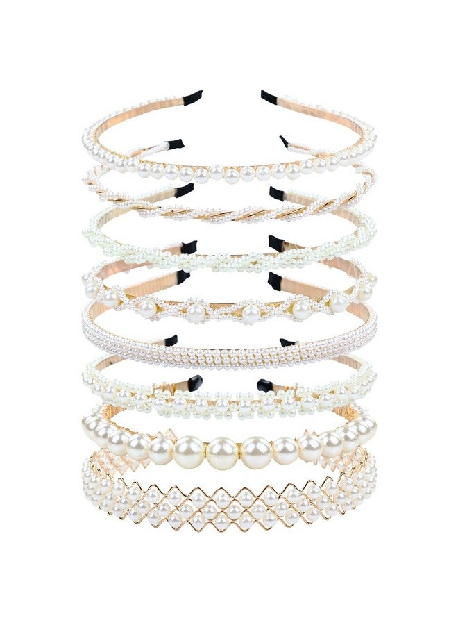 Cinaci 8 Pieces Decorative Gold Wedding Birthday Party Prom Artificial Pearl Headbands Bling Beaded Hair Tiaras Hoops Headpieces Accessories For Women Girls Teens Kids - Image 1