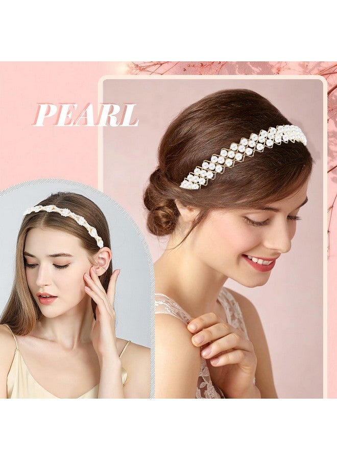 Cinaci 8 Pieces Decorative Gold Wedding Birthday Party Prom Artificial Pearl Headbands Bling Beaded Hair Tiaras Hoops Headpieces Accessories For Women Girls Teens Kids - Image 3