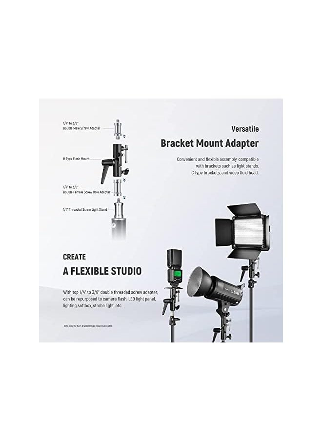 Camera Flash Bracket H-Type Mount with Umbrella Softbox Holder， 180° Swivel Adjustable Metal Light Stand Adapter with 1/4" to 3/8" Screw Adapter for Speedlite LED Lamp Light Stand Tripod