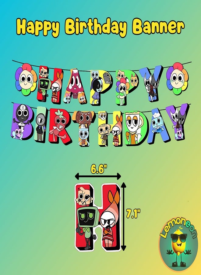 Lemoneon Dandy's World Birthday Party Decorations Supplies Happy Birthday Banner Cake Cupcake Toppers Balloons Background - Image 2