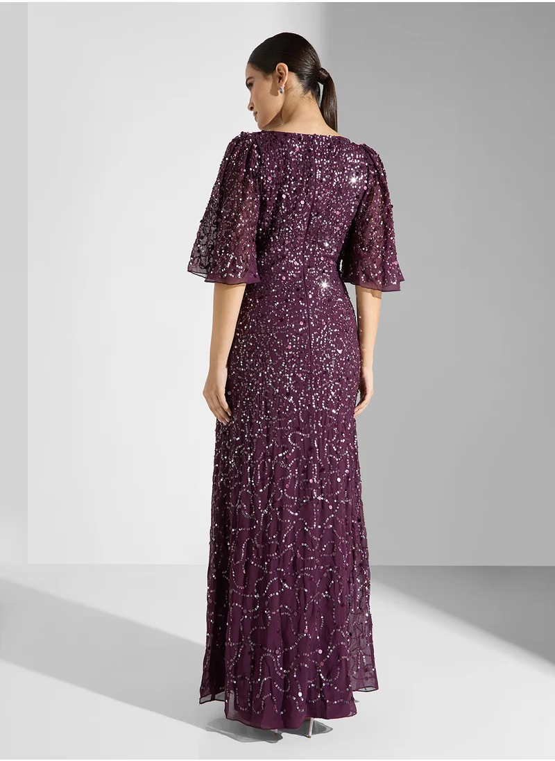 Maya Angel Sleeve All Over Embellished Maxi Dress