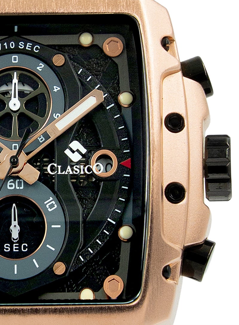 Clasico ساعة كرونوغراف للرجال من إندورانس - إصدار الأسود والذهبي الوردي | حركة كوارتز ي121 ذات 6 عقارب | قرص مستطيل مقاوم للماء | حزام سيليكون أصلي - Image 2