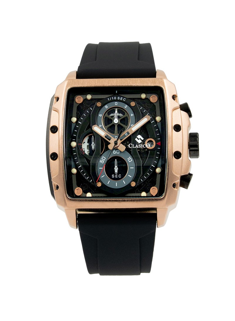 Clasico ساعة كرونوغراف للرجال من إندورانس - إصدار الأسود والذهبي الوردي | حركة كوارتز ي121 ذات 6 عقارب | قرص مستطيل مقاوم للماء | حزام سيليكون أصلي - Image 1