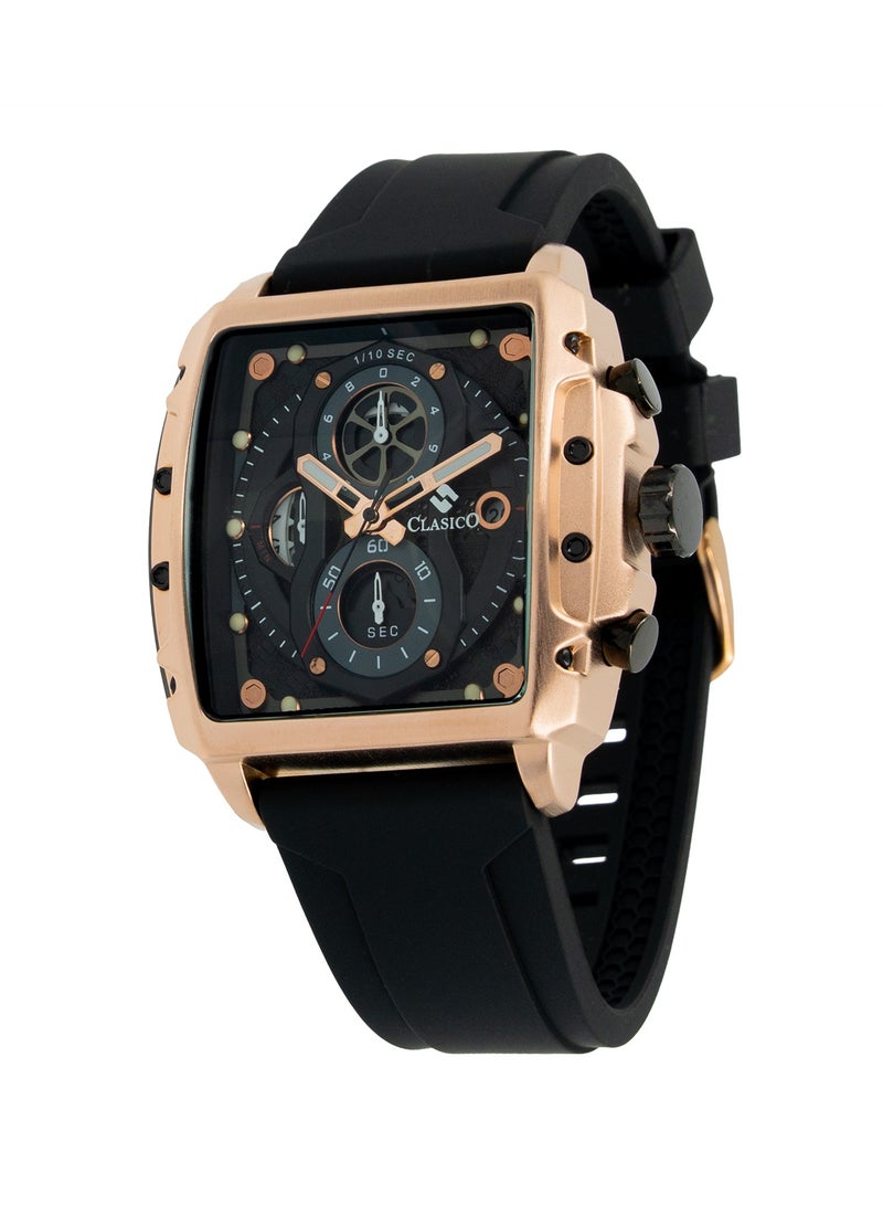 Clasico ساعة كرونوغراف للرجال من إندورانس - إصدار الأسود والذهبي الوردي | حركة كوارتز ي121 ذات 6 عقارب | قرص مستطيل مقاوم للماء | حزام سيليكون أصلي - Image 3