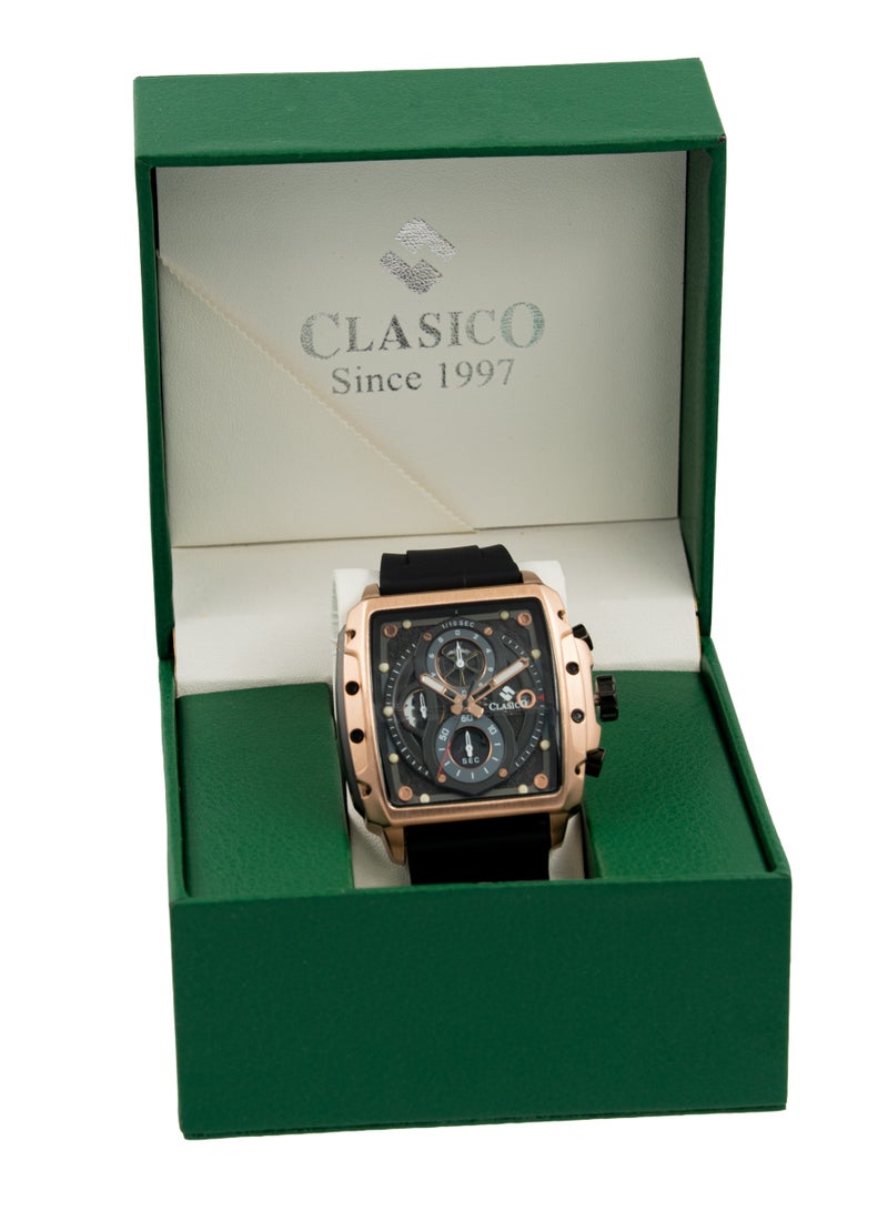 Clasico ساعة كرونوغراف للرجال من إندورانس - إصدار الأسود والذهبي الوردي | حركة كوارتز ي121 ذات 6 عقارب | قرص مستطيل مقاوم للماء | حزام سيليكون أصلي - Image 5