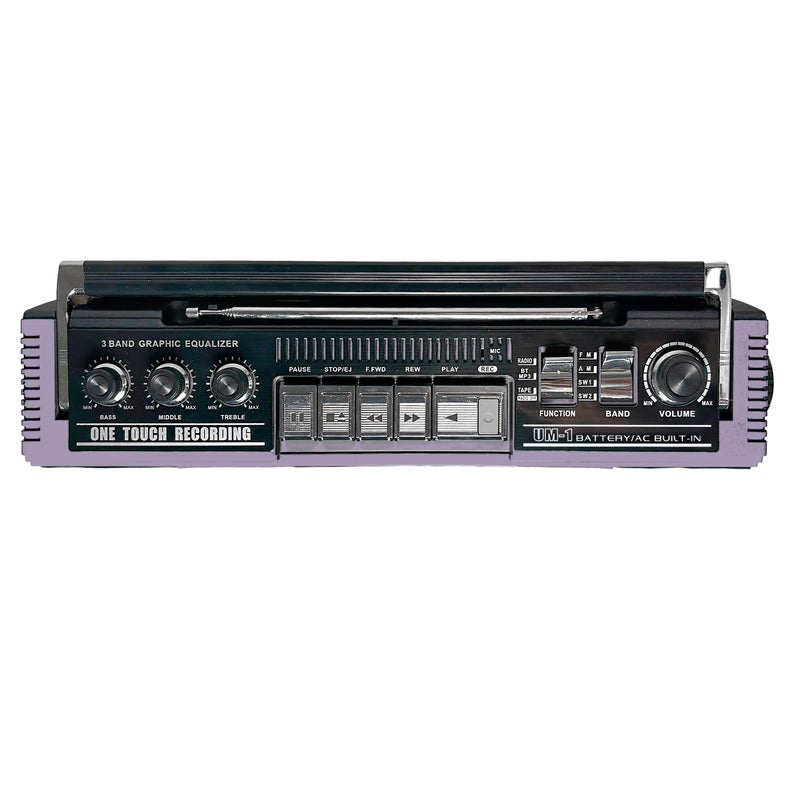 QFX J-220BT Purple Boombox MP3 Conversion from Radio to Cassette with 4-Band (AM, FM, SW1, SW2) Radio with Bluetooth, Dual 3â€ Speakers, Built-in Microphone, Recorder, and a 3-Band Equalizer - Image 4