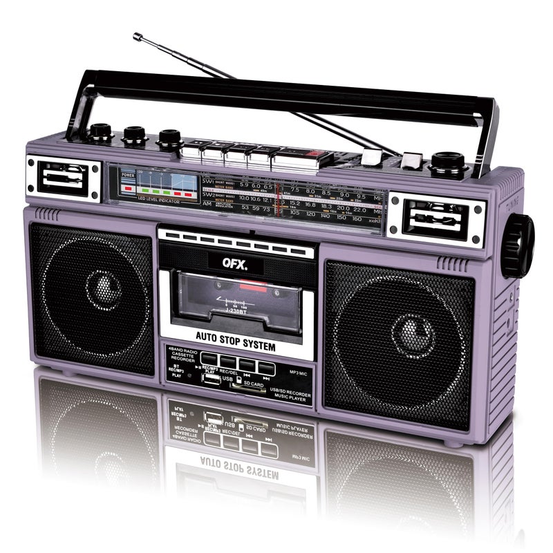 QFX J-220BT Purple Boombox MP3 Conversion from Radio to Cassette with 4-Band (AM, FM, SW1, SW2) Radio with Bluetooth, Dual 3â€ Speakers, Built-in Microphone, Recorder, and a 3-Band Equalizer - Image 2
