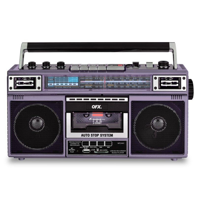 QFX J-220BT Purple Boombox MP3 Conversion from Radio to Cassette with 4-Band (AM, FM, SW1, SW2) Radio with Bluetooth, Dual 3â€ Speakers, Built-in Microphone, Recorder, and a 3-Band Equalizer - Image 1