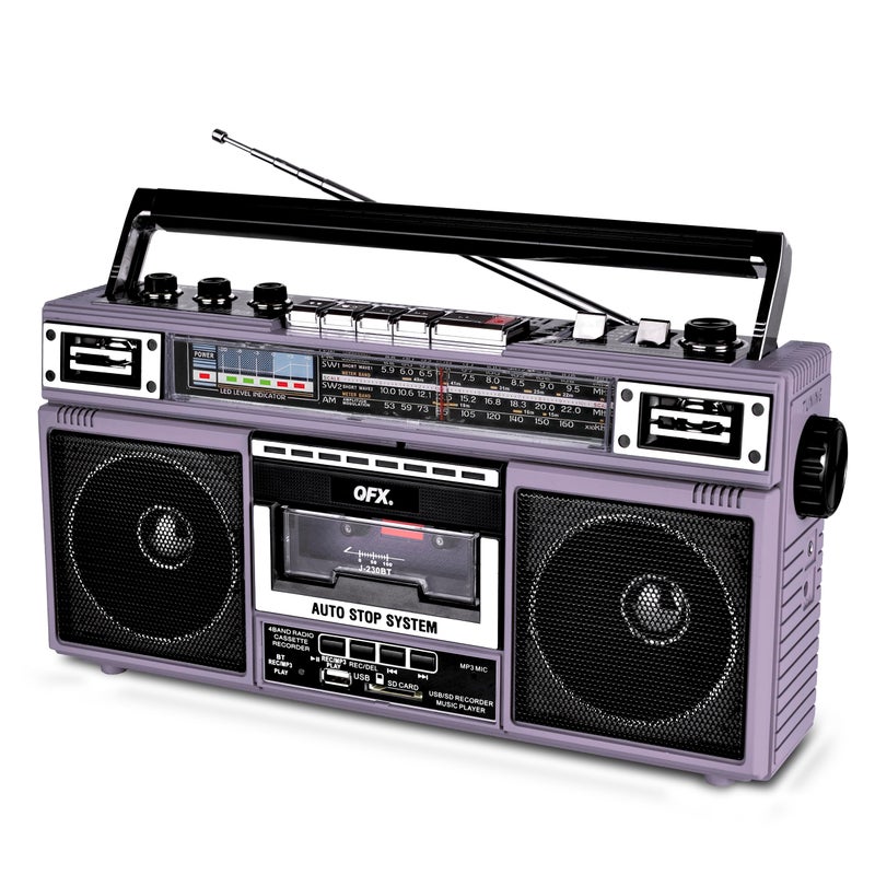 QFX J-220BT Purple Boombox MP3 Conversion from Radio to Cassette with 4-Band (AM, FM, SW1, SW2) Radio with Bluetooth, Dual 3â€ Speakers, Built-in Microphone, Recorder, and a 3-Band Equalizer - Image 3