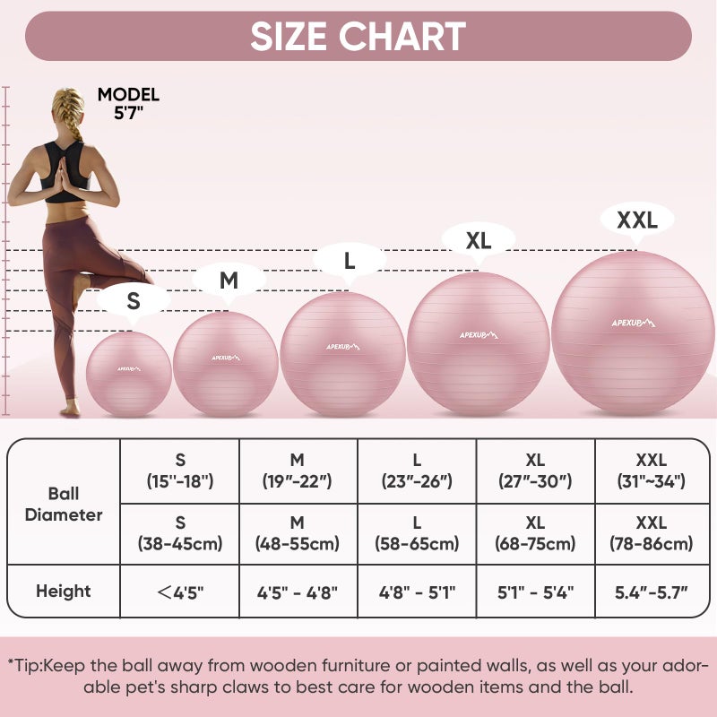 APEXUP Yoga Ball Exercise Ball Anti Slip Heavy Duty for Fitness, Balance & Core Workout (M (19"~22) 55cm, Pink) - Image 4
