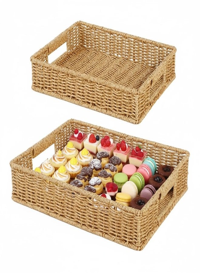 Fvstar 2pcs Woven Baskets Serving Trays with Handles, Poly Wicker Bread Basket Rectangular Platters for Fruit, Vegetables, Breakfast, Drinks, Snacks, Dining Coffee Table, 2 Size - Image 1