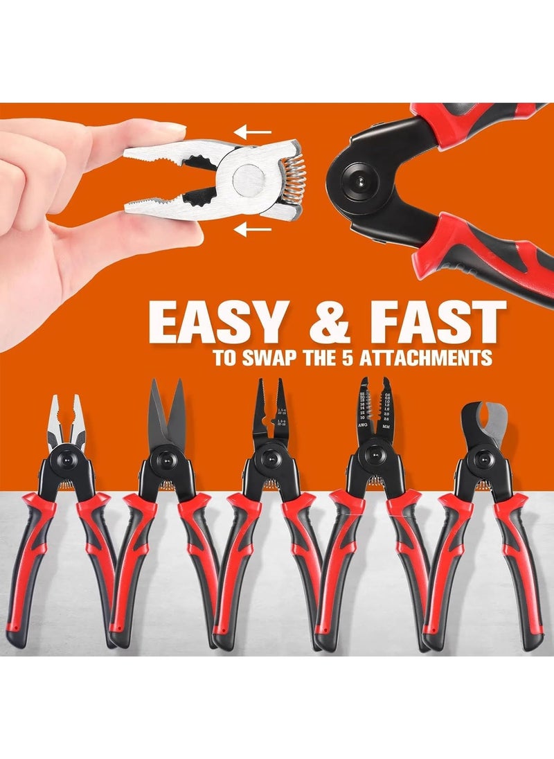 STANBONN - 5in1 Electricians MultiTool Pliers Tool Kit with Replaceable Heads Wire Stripper Metal sheet Shear Scissors Cable Cutting and Crimping Linesman Pliers Power hand tools with Storage Case - Image 1