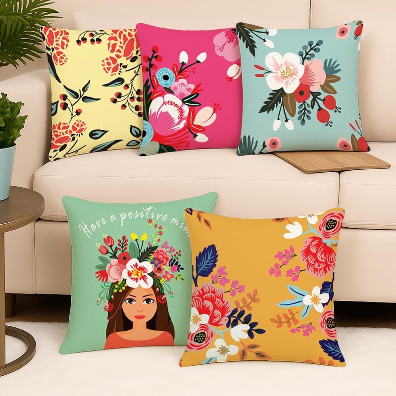 BRICK HOME Set of 5 Polycotton Printed Cushion Covers 24x24 Inches | Floral & Motivational Design | Multicolor Decorative Pillow Covers | Soft Fabric Cushion Covers for Sofa, Couch & Living Room - Image 2