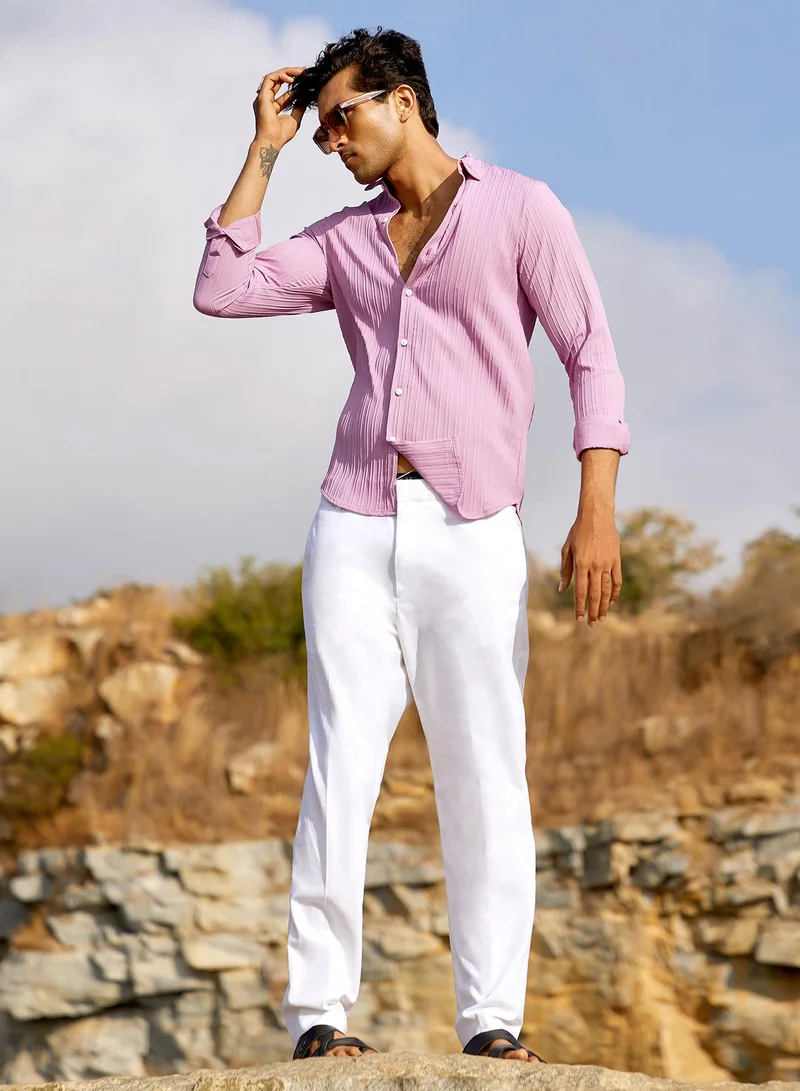 Campus Sutra Men's Salmon Pink Self-Design Striped Shirt