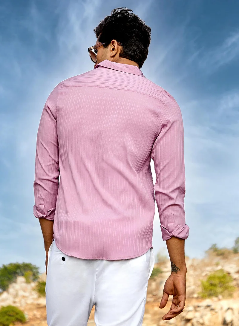 Campus Sutra Men's Salmon Pink Self-Design Striped Shirt