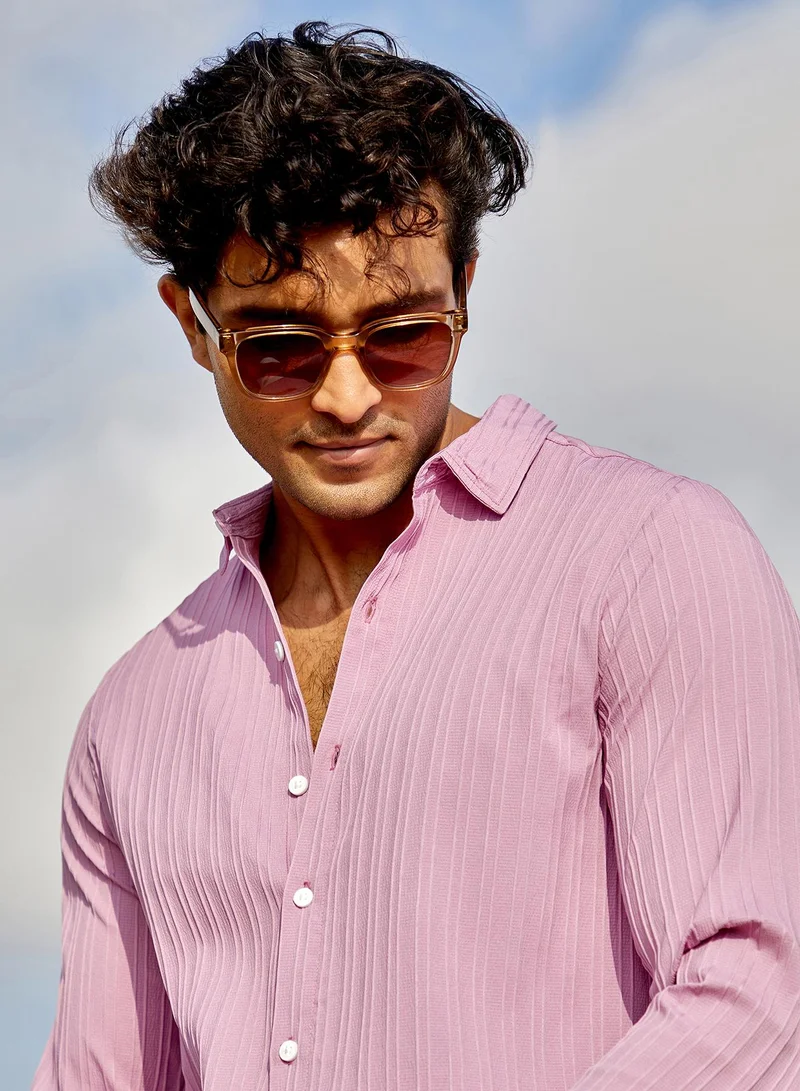 Campus Sutra Men's Salmon Pink Self-Design Striped Shirt