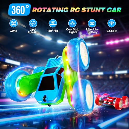 WayEee Remote Control Car 360 Flips Rotating RC Stunt Car with USBC Charge Modular Battery 4WD RC Cars with LED Lights Strips All Terrain RC Truck Toys for Kids 3 Year Old Boys Christmas Birthday Gift - Image 5