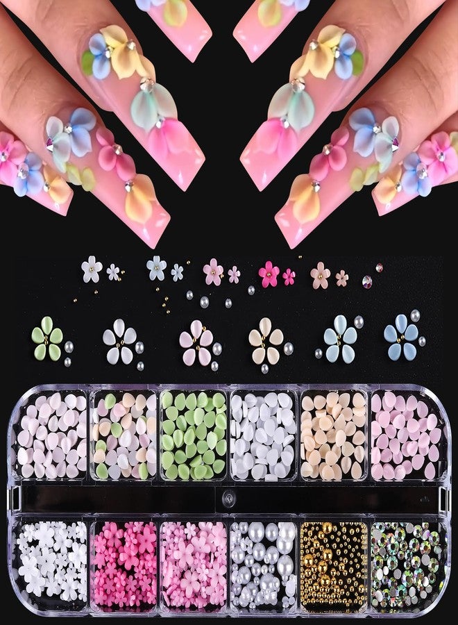 Jremg Flower Nail Charms 3D Resin Colorful Petals Charms for Acrylic Nails Cute Floral Blossom Pearl Nail Decorations Spring Summer Flatback Petals Nail Accessories for Women DIY Manicure 12 Grids - Image 1