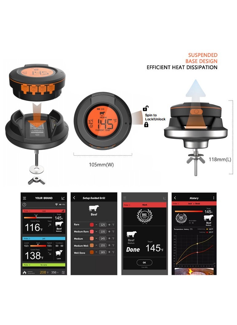 Generic - Wireless Bluetooth BBQ Grill Thermometer with 4 Probes - Digital Electronic Baking & Grilling Thermometer, Monitor Temperature via Mobile APP, IP54 Waterproof, Wide Temperature Range 0-380℃/32-712℉, Perfect for Professional Grill Masters and Baking Enthusiasts - Image 1