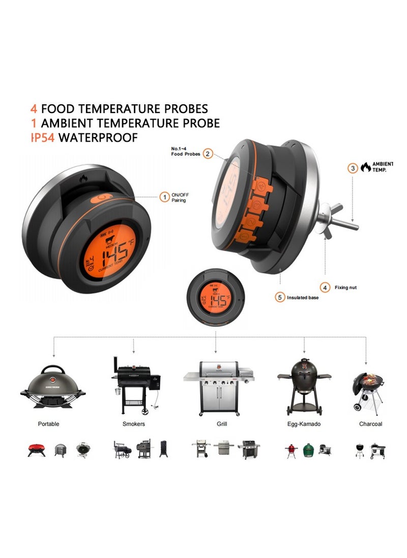 Generic - Wireless Bluetooth BBQ Grill Thermometer with 4 Probes - Digital Electronic Baking & Grilling Thermometer, Monitor Temperature via Mobile APP, IP54 Waterproof, Wide Temperature Range 0-380℃/32-712℉, Perfect for Professional Grill Masters and Baking Enthusiasts - Image 1