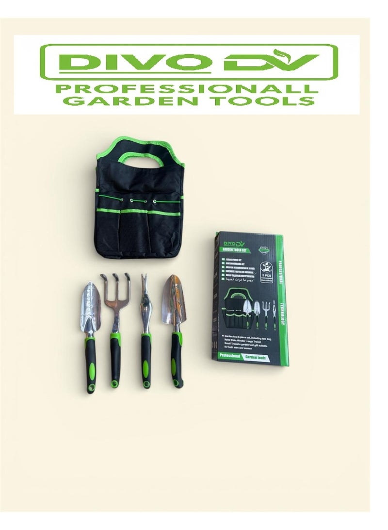 ديفو مجموعة أدوات بستنة احترافية من DVO — موديل DIVO DVO714-80 — طقم 5 قطع يشمل 4 أدوات بستنة معدنية احترافية + حقيبة حمل وتنظيم قوية، تشمل مشط يدوي، أداة إزالة الأعشاب، مجرفة كبيرة ومجرفة صغيرة — تصميم احترافي ومريح للاستخدام المنزلي والحدائق - Image 1