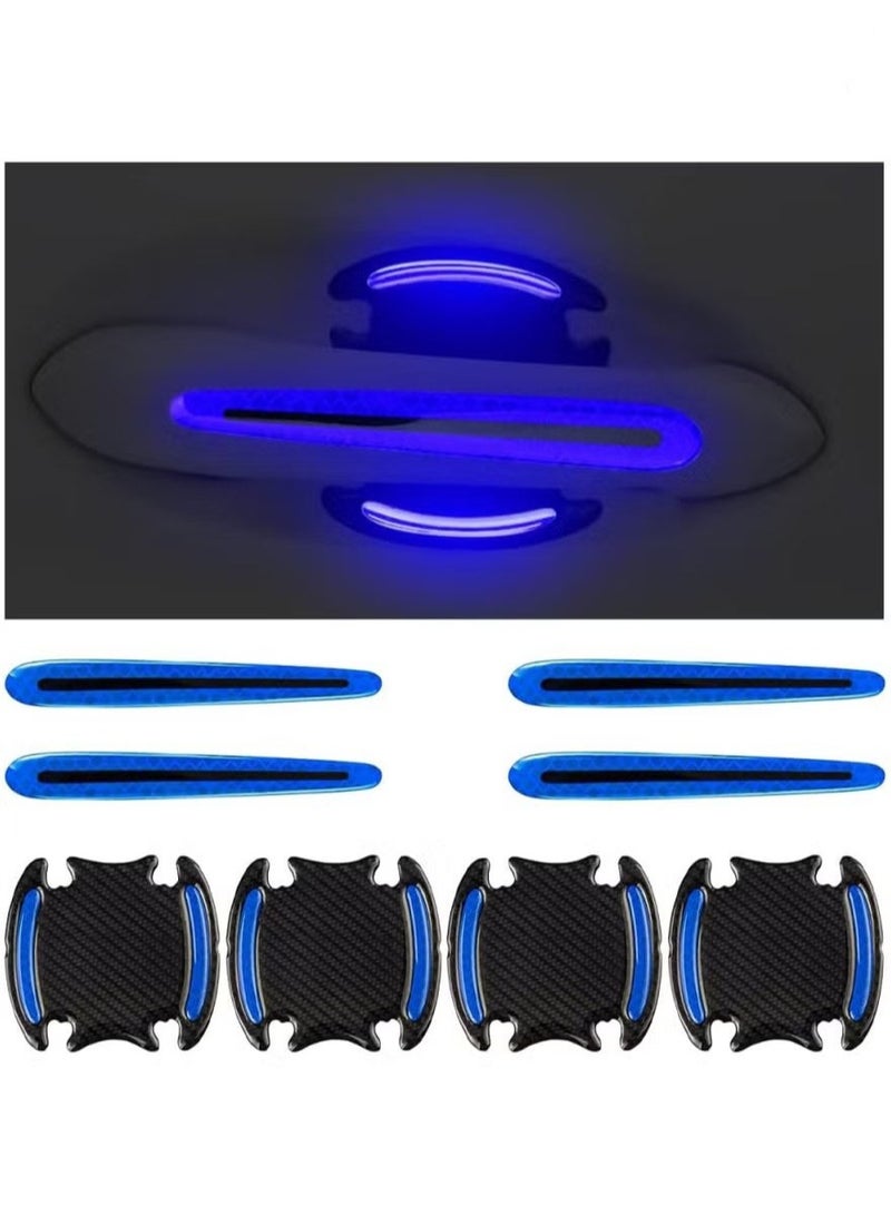 8PCS Car Handle Cup Protector Reflective Stickers, 3D Carbon Fiber Door Bowl Paint Scratch Protective Film, Night Visibility Door Cover Guard Strips, Warning Decals Universal for Most Cars (Blue) - Image 1
