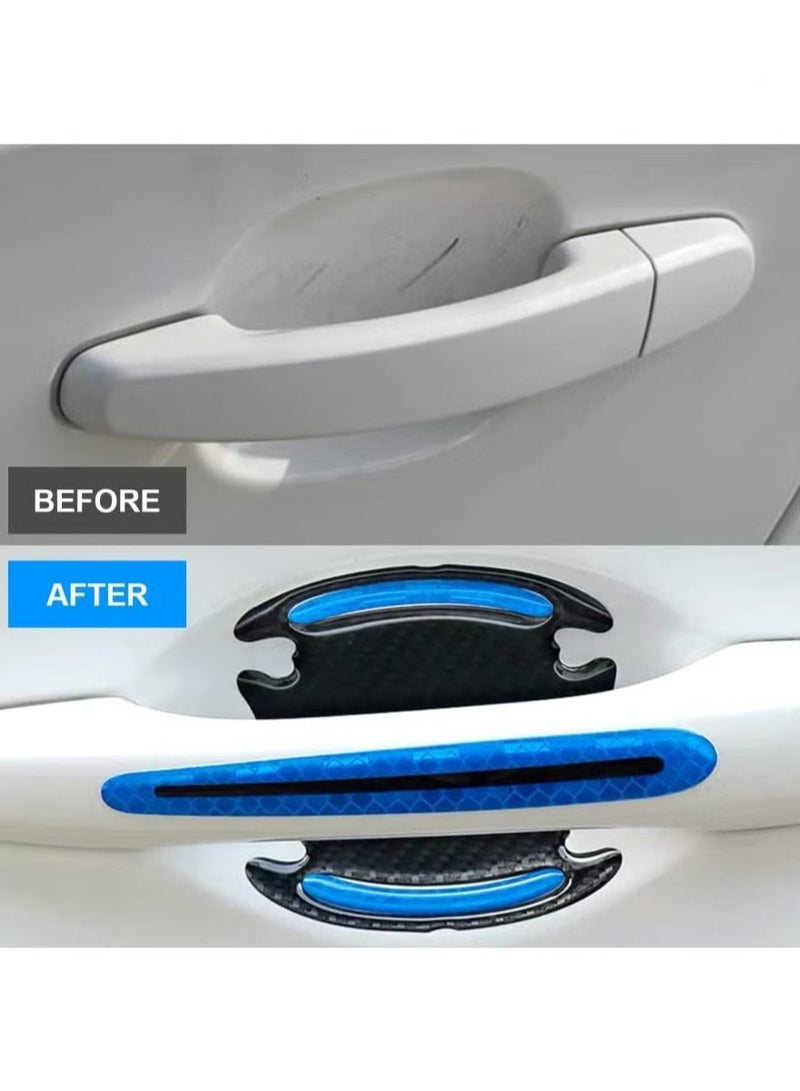 8PCS Car Handle Cup Protector Reflective Stickers, 3D Carbon Fiber Door Bowl Paint Scratch Protective Film, Night Visibility Door Cover Guard Strips, Warning Decals Universal for Most Cars (Blue) - Image 2