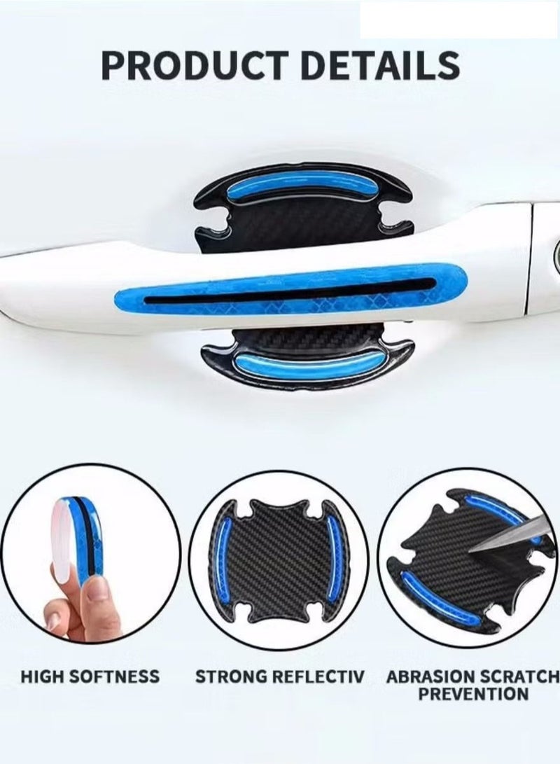 8PCS Car Handle Cup Protector Reflective Stickers, 3D Carbon Fiber Door Bowl Paint Scratch Protective Film, Night Visibility Door Cover Guard Strips, Warning Decals Universal for Most Cars (Blue) - Image 3