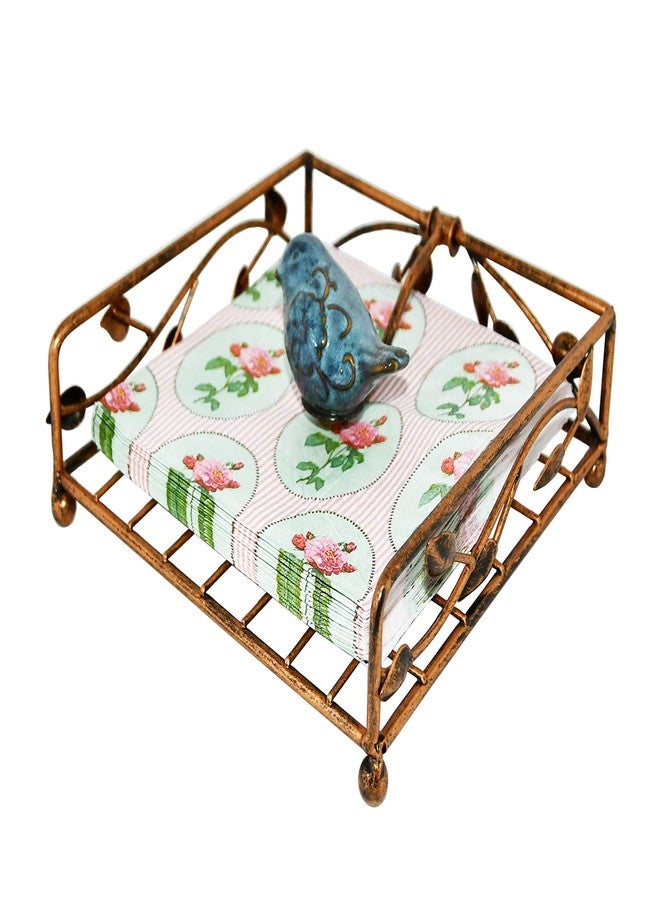 OwlGift Collection Bronze Coated Metal Flat Napkin Holder Dispensing Stand w/Ceramic Bird, Kitchen and Countertop Flat Napkin Storage Organizer - Image 1