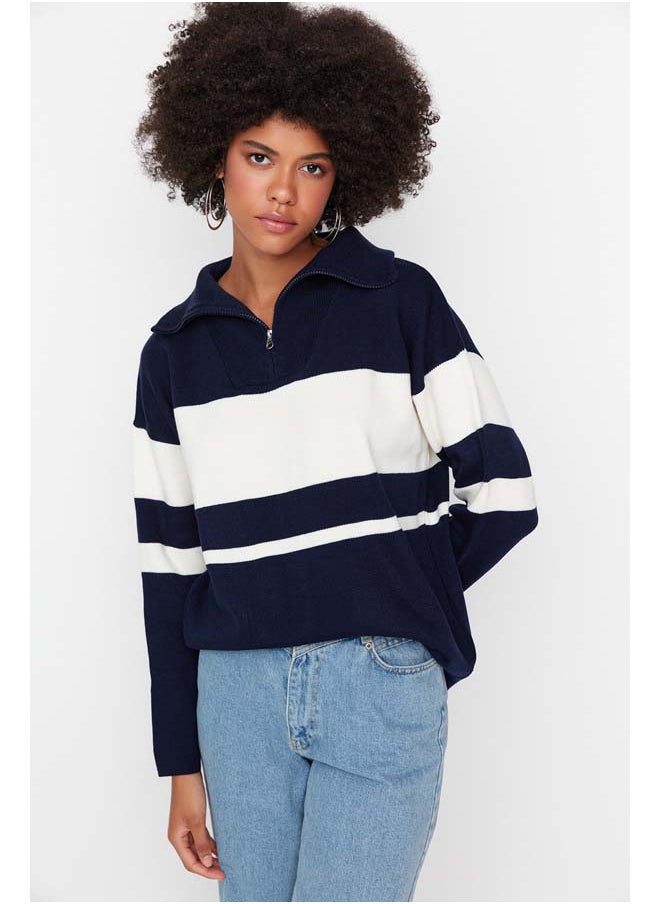 trendyol Navy Blue Wide Cut Basic Zippered Knitwear Sweater TWOAW23KZ00333  - Image 1