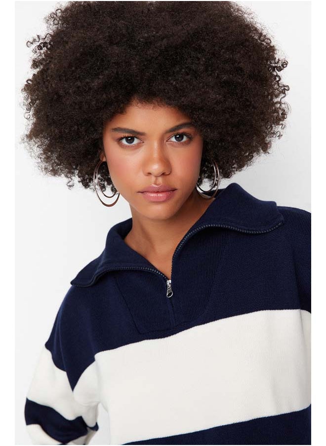 trendyol Navy Blue Wide Cut Basic Zippered Knitwear Sweater TWOAW23KZ00333  - Image 3