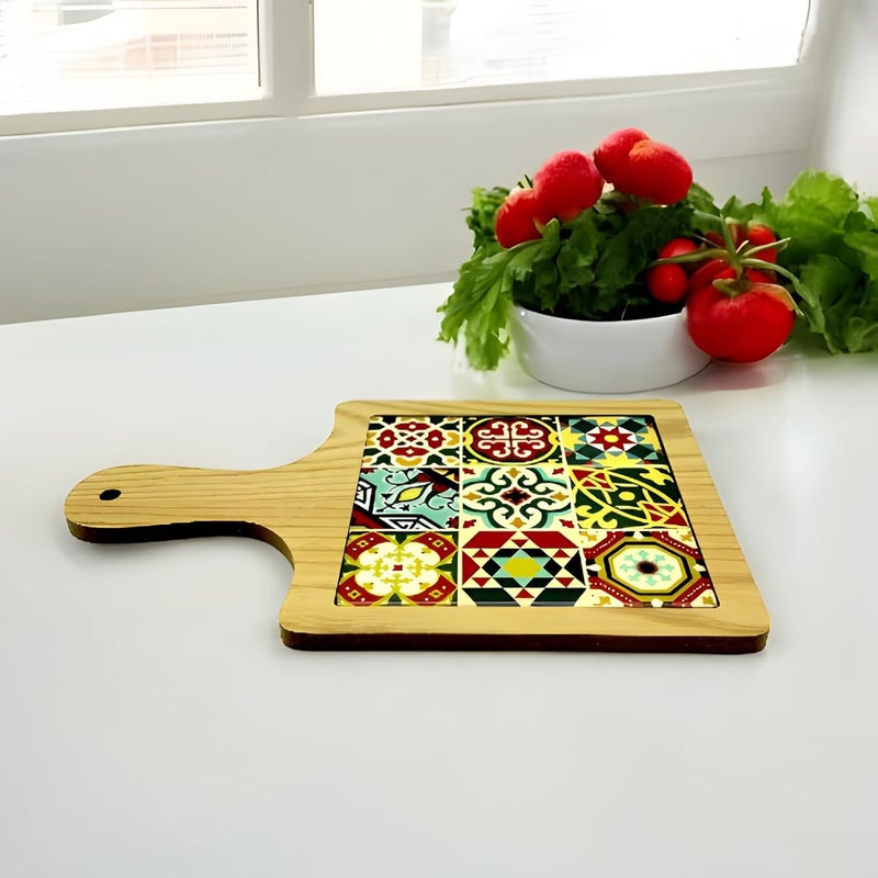 Lemon Tree Moroccon Print Design Dining Table Coaster for Home & Office, Scratch & Heat Resistant | Ceramic Base with Bamboo Frame (Multicolor C) - Image 1