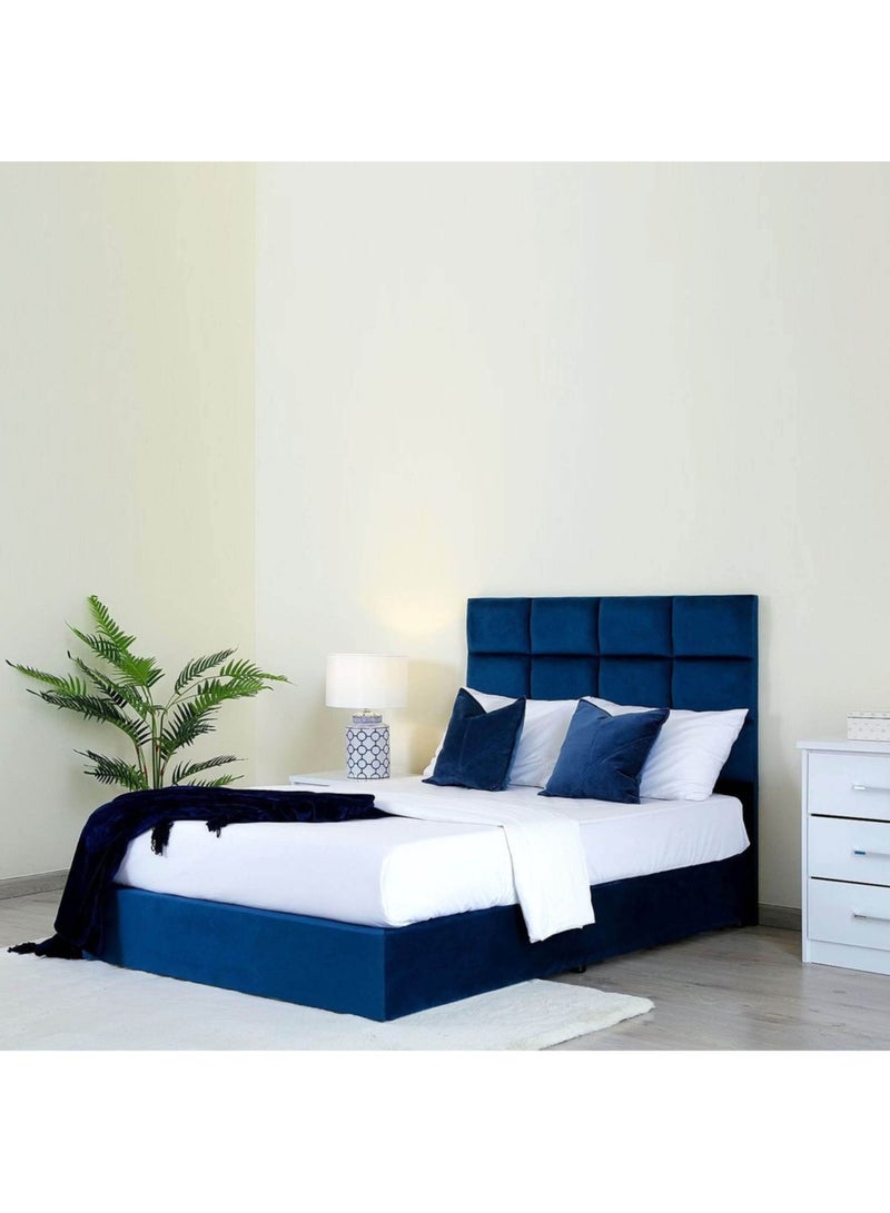 Karnak Square Design Upholstered Velvet Bed Frame Bedroom Furniture Strong And Sturdy Modern Design Wooden Bed | Quiet & Comfortable Bed (Queen - 160x200cm, Blue) - Image 1